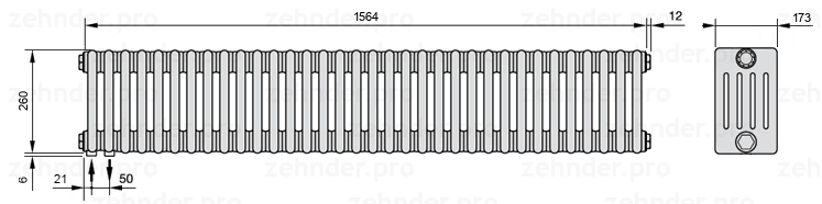 Схема (чертеж) Радиатор Zehnder Charleston 5026/34 №3370 Белый глянцевый RAL 9016